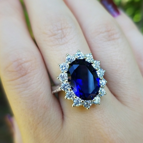 Silver 6 Carat Royal Blue Sapphire Halo Ring - Picture 3 of 5
